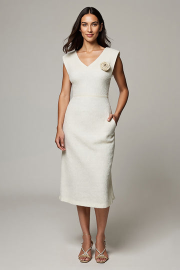 White V-Neck Sheath Midi Work Dress with 3D Flower